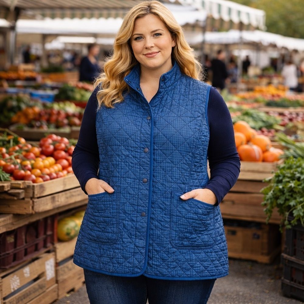 Land’s End Plus Size Reversible Quilted Sleeveless vest pockets navy check 3X